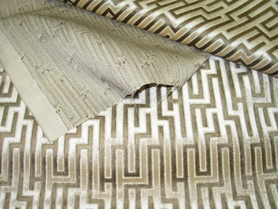 4 6/8 YDS STROHEIM CUT VELVET  GEOMETRIC BEIGE BROWN UPHOLSTERY FABRIC FOR LESS - Image 1 of 3