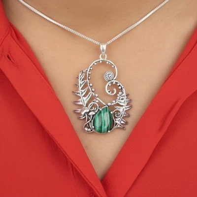 Colgante de circón de plata estampada 925 con piedras preciosas de malaquita natural 1,8" regalo de buena suerte Foto 1 de 4