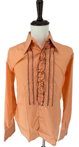 Vintage 70s After Six Mens Size 16/36 Disco Tuxedo Ruffled Button Shirt - Peach - Picture 1 of 14