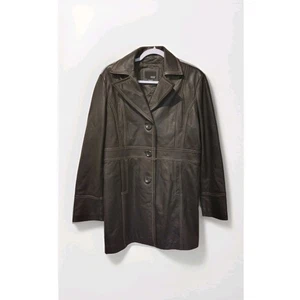 A.N.A Vintage Chocolate Brown Genuine Leather Button Front long Length jacket L - Picture 1 of 14