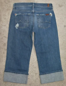 7 for all Mankind Womens Boy-Cut Crop Cuff Jeans Sz 26 Blue Distressed +Stretch - Picture 1 of 10