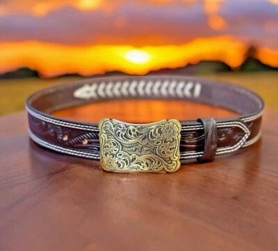 男式西部皮带牛仔 Rodeo 全粒面皮革表带带可拆卸扣 — 第 1/4 张图片