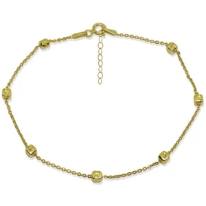 Polished Square Cube Station Cable Chain Anklet in Gold Plated Sterling Silver - Picture 1 of 2
