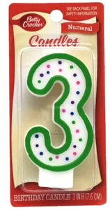 Betty Crocker Numeral Candles #3 Birthday Cake Candle White with Green 3 inch - Picture 1 of 2