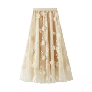 Femme Tulle Maille Jupe Trapèze Plissé Tutu Élastique Midi Haute Floral - Picture 1 of 17