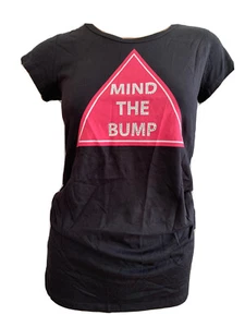 MATERNITY BLACK COTTON MIND THE BUMP CUTE FUN TEE UK 8 EU 36 US 4 SMALL BNWT - Picture 1 of 6