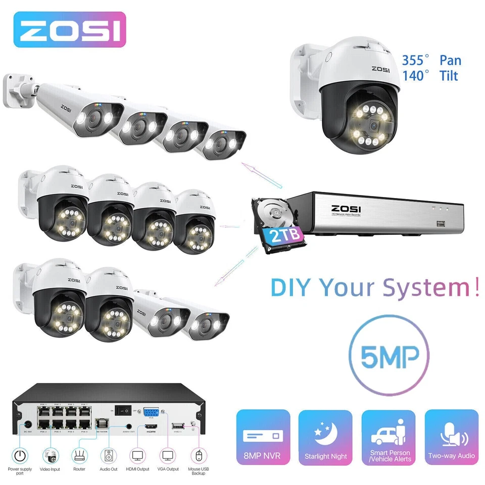 ZOSI 8MP 8CH NVR 5MP POE Security Camera System PT AI Track  AI Face/Car Detect - Image 1 of 4