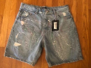 NWT Boohoo Man Size 36 Relaxed Fit Distressed Painted Denim Shorts Ice Blue - Picture 1 of 6