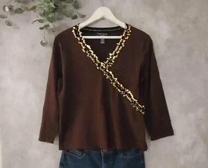 Cable & Gauge Top Womens Large Brown Beaded V-Neck 3/4 Sleeve Silk Blend Blouse - Picture 1 of 5