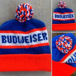 Vintage Beer Brand Beanie Pom Pom Cap Hat Acrylic Knit 70s 80s 1970s 1980s - Picture 1 of 12