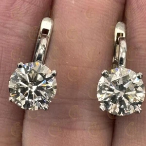 14K White Gold Plated 9CTW Round Cut Prong Moissanite Leverback Back Earrings - Picture 1 of 8