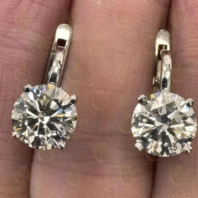 14K White Gold Plated 9CTW Round Cut Prong Moissanite Leverback Back Earrings - Image 1 of 4