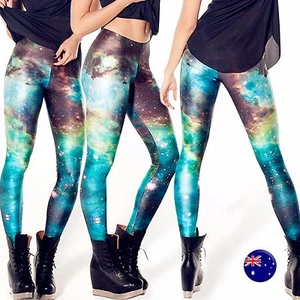 Women Lady Green Galaxy Sky Star Space Celestial Skinny Jeggings Leggings Pants - Picture 1 of 8