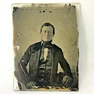 Antiker Ambrotyp 1800er Mann im Anzug Kinnriemen Kinnvorhang Bart Rückseite Foto - Bild 1 von 9