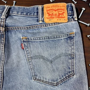 Pantalones de mezclilla Levis 505 relajados para hombre 38x34 Western Work vaquero lavado medio pierna cónica - Imagen 1 de 21