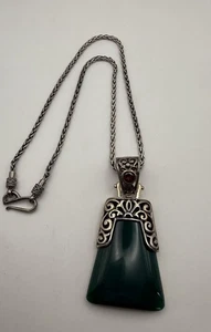 Anhänger groß grüner Achat Sterlingsilber antik Anhänger Verstärker 16" Kette - Bild 1 von 8