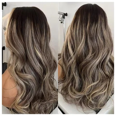 Perucas frontais de renda marrom cinza com destaque marrom escuro 100% cabelo humano 13x4 - Imagem 1 de 4