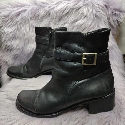 Bakers Leather Ankle Moto Block Heel Boots Womens Size 9 Black Cap Toe Buckle - Image 1 of 4
