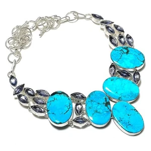 Tibetan Turquoise, Iolite Gemstone 925 Sterling Silver Jewelry Necklace 18" - Picture 1 of 3