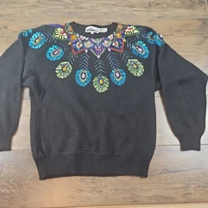Vintage 1980s Angora Wool Blend Sequin Peacock Sweater Size M  - Picture 1 of 6