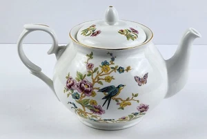 Duchess English Bone China, 38oz. Teapot, Floral Blue Bird Butterfly, Gold Trim - Picture 1 of 15