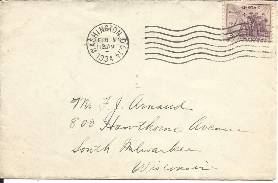 U.S. - WASHINGTON, DC FEBRUARY 1, 1934 WAVE CANCEL ON COVER WITH SCOTT's #732 - Image 1 of 1