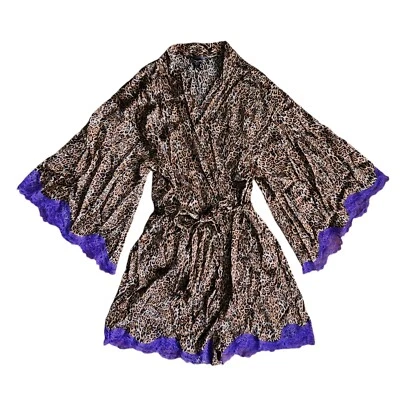 Vtg Victoria's Secret Silk Robe L Purple Lace Cheetah Leopard Animal Print NWOT  - Image 1 of 4