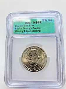 2007 Washington $1, MS 64, DBL Mint Error, Grease & Missing Edge Lettering, ICG - Picture 1 of 2