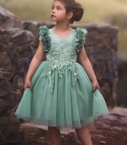 TRISH SCULLY Green Bianca Dress w/Floral Sleeves Girls 4 Yrs Wedding Party - Picture 1 of 5