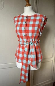 Boden 10 orange gingham linen top sleeveless with belt great condition - Picture 1 of 8