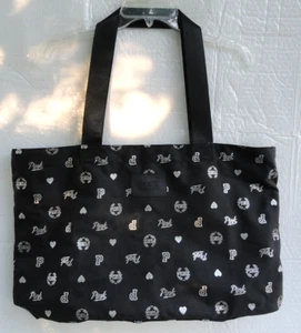Victoria's Secret Pink Large Shopper Shoulder Bag Tote Lightweight Black Silver - Picture 1 of 12