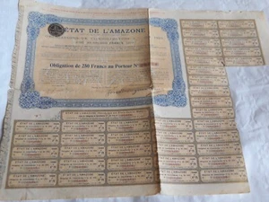Vintage share certificate Stocks Bonds actions Brazil Etat De Amazone 1915 250Fr - Picture 1 of 4