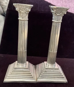 Made in England Silver Plate Column Candle Stick Holders, 9” - Picture 1 of 5