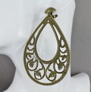 bronze Clip On earrings Big filigree teardrop pendant clips earrings lightweight