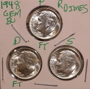 1948 P D S ROOSEVELT DIME GEM BU SET P&D FULL BANDS KEY DATES! 48503 - Picture 1 of 2
