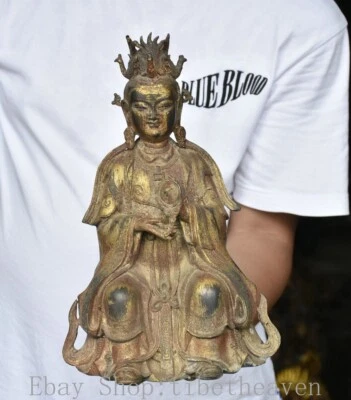 12-дюймовая редкая старая китайская позолоченная скульптура королевы Запада из меди фэн-шуй - Изображение 1 из 4