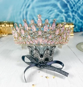 Pink Gemstone Tiara, Bridal Wedding Gold Crown, Birthday Princess Pink Crown - Picture 1 of 8