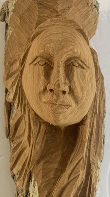 Hand Carved Wood Spirit Woman Face Tree Bark Log Sculpture Cottage Cabin Signed - Image 1 of 4