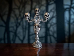 New Martha Stewart Home Halloween Skull Candelabra Silver 14 IN Candle Holder - Picture 1 of 2