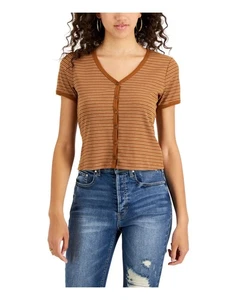 SELF E Womens Brown Pinstripe Short Sleeve V Neck Button Up Top M - Picture 1 of 3