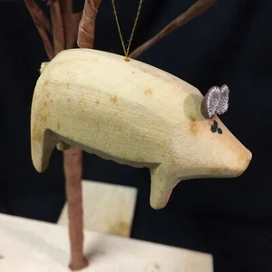 Folk Art Primitive Hand Carved Wood Animal Sow Pig Christmas Ornament - Picture 1 of 9
