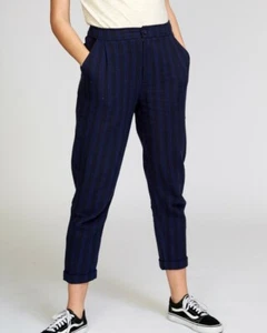 New NWT Women's RVCA Scout Striped Trouser Mid Rise Zip Button Fly Navy Size 25 - Picture 1 of 7