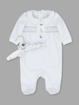 ROCK A BYE BABY BOUTIQUE Baby Boys girls Spanish safari animals Sleepsuit Outfit smocked White Velour