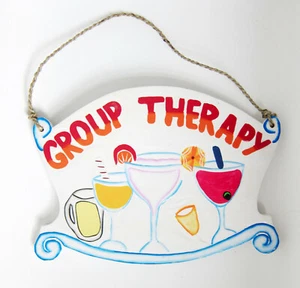 TIKI BAR GROUP THERAPY SIGN Wooden Wall Plaque 40cm long Hand Painted BOOZE new - Picture 1 of 2
