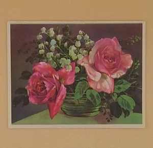 Vintage Greeting Card, Roses And Lily Of The Valley In A Vase - Not Used - Bild 1 von 3