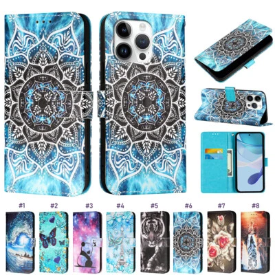 For iPhone 16 Pro Max 15 14 Plus Premium Pattern PU Wallet Card Slamproof Case - Image 1 of 4