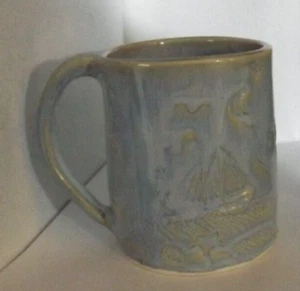 Handcrafted Studio Art pottery stoneware beer coffee mug Sailboats Ammon tonight - Picture 1 of 6