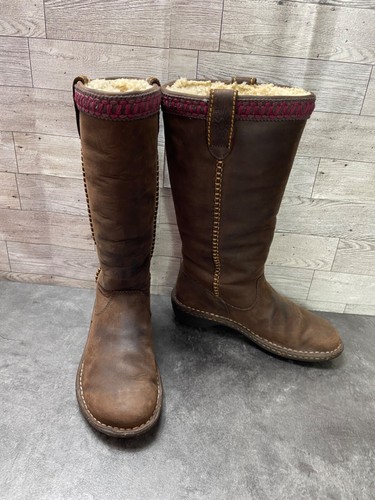 Stivali da neve Ugg Australia donna 5M scarpe pelle marrone montone metà polpaccio pull on