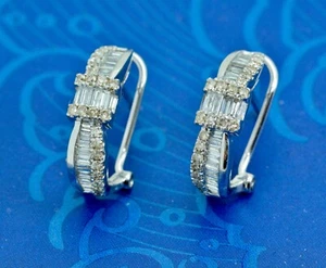 1.36ctw Round - Baguette Diamond Cluster Hoop Pair Earrings 14k White Gold Lot 5 - Picture 1 of 10