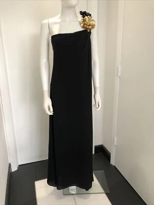 Gucci Black Silk Gold Tone Flower Detail One Shoulder Long Draped Gown Size 38 - Image 1 of 4